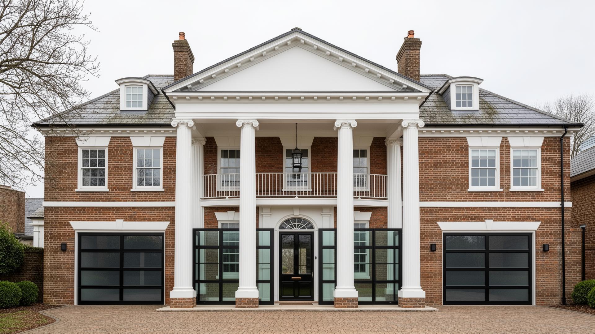Beautiful Georgian mansion with modern glass and aluminum garage doors